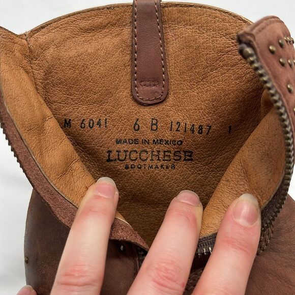 Discontinued Lucchese Brown Suede Ankle Zip Up Cowboy Boots with Studs - Picture 13 of 16